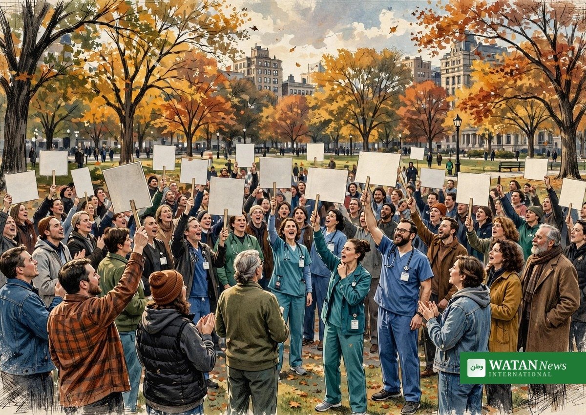 Healthcare workers and supporters at a campaign rally &mdash; &lsquo;Medicare for All&rsquo; is a central theme of the 2026 midterm campaigns