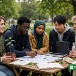Young climate ambassadors planning a green project outdoors