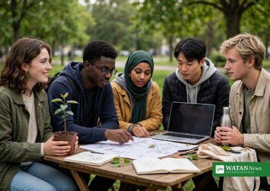 Young climate ambassadors planning a green project outdoors