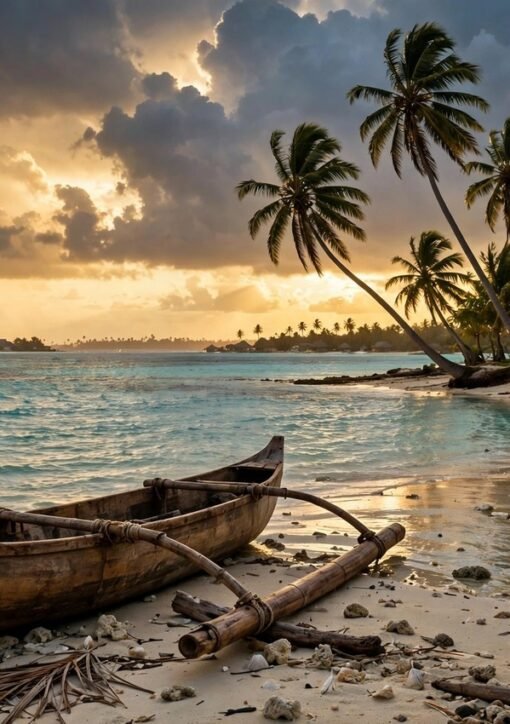 Traditional canoe on a Pacific atoll shoreline at golden hour ahead of the COP31 Pre-COP in Fiji and Tuvalu