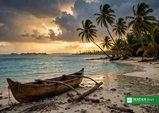 Traditional canoe on a Pacific atoll shoreline at golden hour ahead of the COP31 Pre-COP in Fiji and Tuvalu