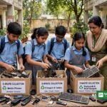 Indiske skoleelever sorterer elektronikaffald i indsamlingskasser under Eco Clubs for Mission LiFE-kampagnen