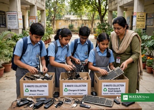 Indian school students sorting e-waste into collection boxes under Eco Clubs for Mission LiFE campaign
