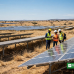 Solpaneler på en solcellepark i Nigeria, hvor ingeniører inspicerer anlægget