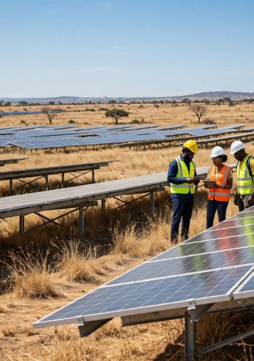 Solpaneler på en solcellepark i Nigeria, hvor ingeniører inspicerer anlægget
