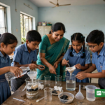 Skolebørn laver et praktisk vandrensningseksperiment i et klasseværelse i Hyderabad