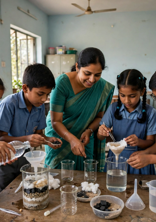 Skolebørn laver et praktisk vandrensningseksperiment i et klasseværelse i Hyderabad
