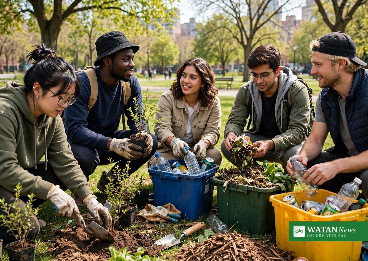 Young volunteers planting shrubs and sorting recycling in a city park, Bellevue youth climate action