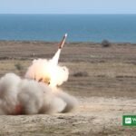 Aden airport missile strike — air defense missile launch as Saudi coalition intercepts Yanbu-bound ballistic missile