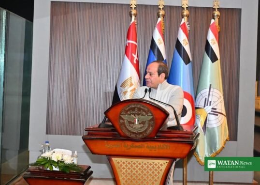 Egyptian President Abdel Fattah al-Sisi speaking at the Egyptian Military Academy graduation ceremony in Cairo