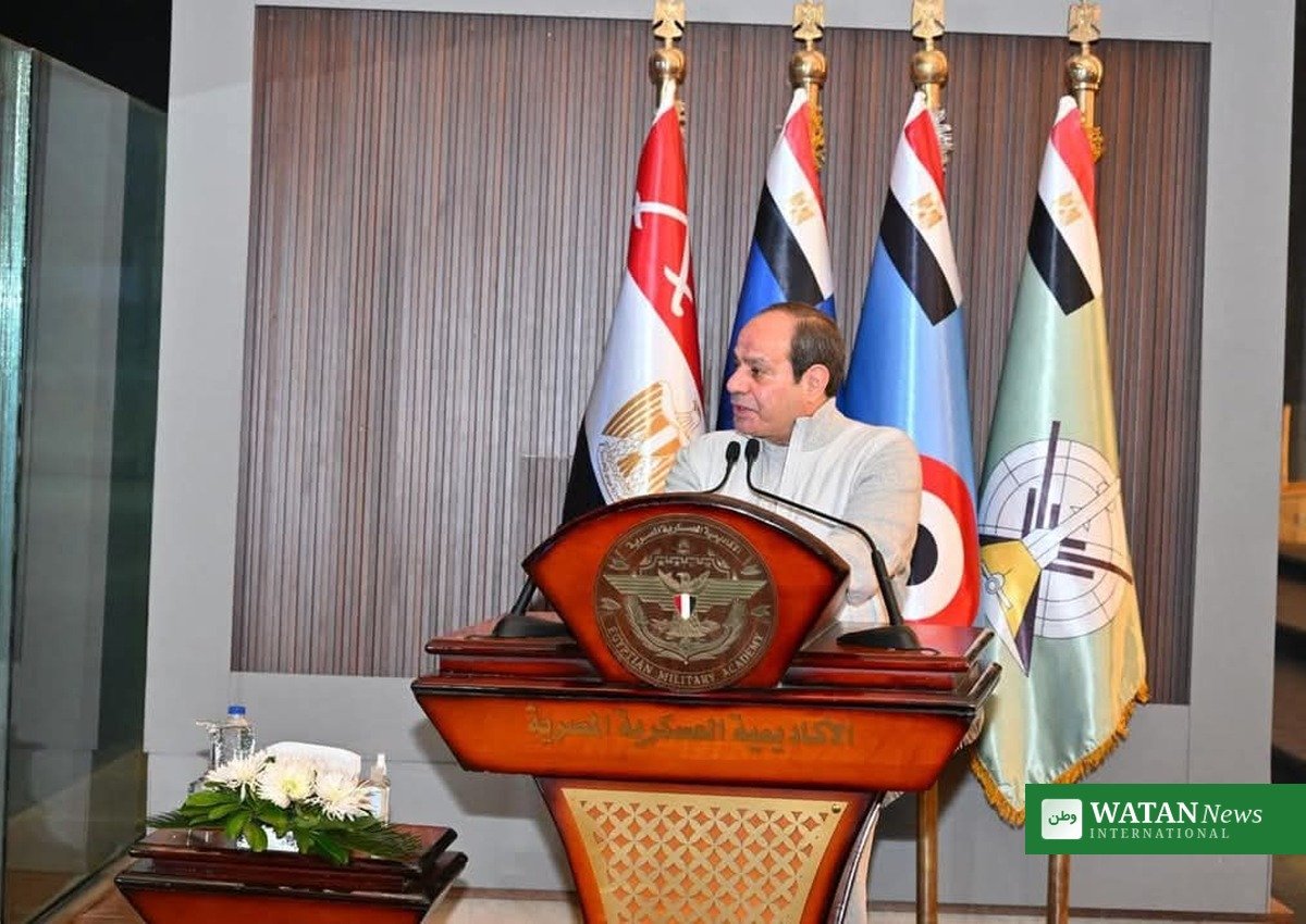 Egyptian President Abdel Fattah al-Sisi speaking at the Egyptian Military Academy graduation ceremony in Cairo