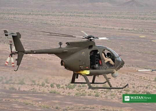 Saudi AH-6i helicopter in flight — the same aircraft type involved in the Najran crash