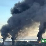 Ukraine St Petersburg drone attack — flames and black smoke over the St. Petersburg oil terminal