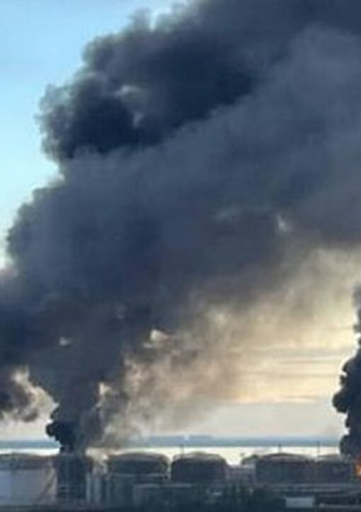 Ukraine St Petersburg drone attack — flames and black smoke over the St. Petersburg oil terminal