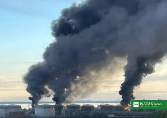 Ukraine St Petersburg drone attack — flames and black smoke over the St. Petersburg oil terminal