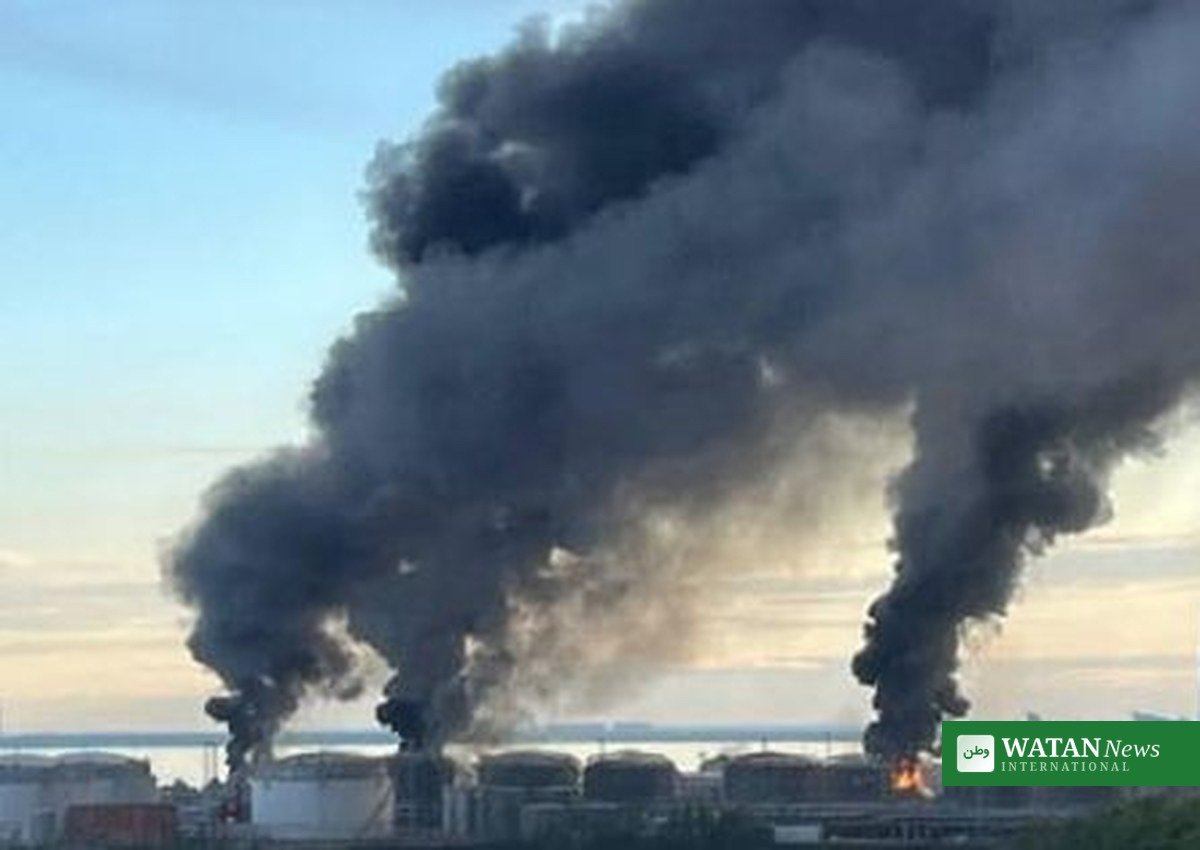 Ukraine St Petersburg drone attack — flames and black smoke over the St. Petersburg oil terminal