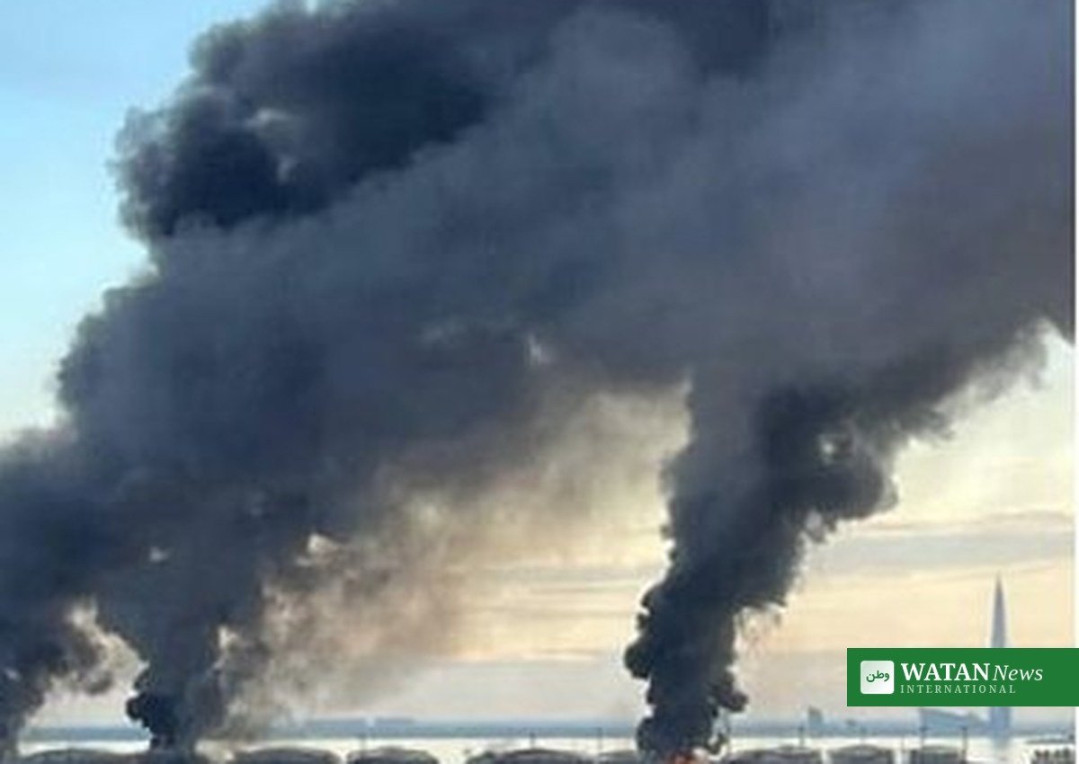 Ukraine St Petersburg drone attack — smoke columns above the St Petersburg oil terminal tanks
