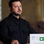 Ukraine's President Volodymyr Zelenskyy speaking at a press conference
