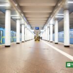 Kyiv metro station platform with blue trains in Ukraine