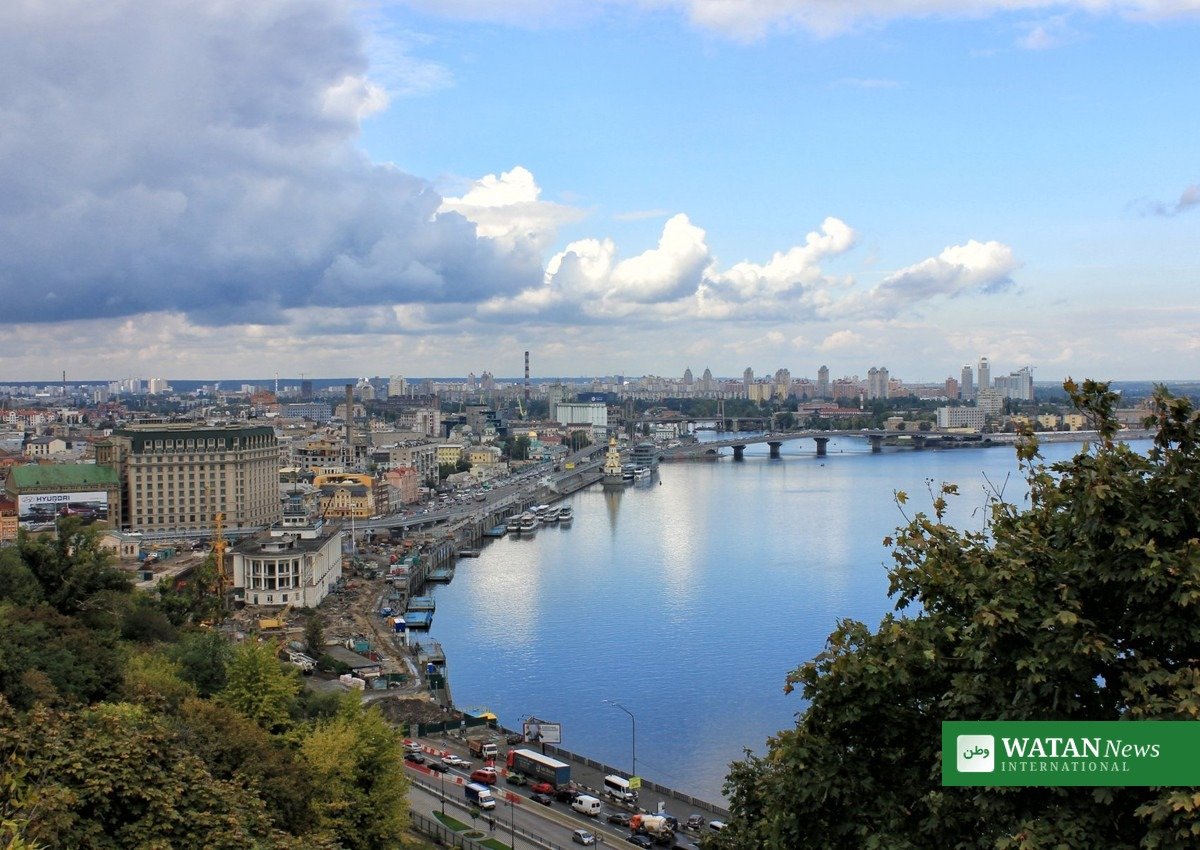 Kyiv city skyline along the Dnipro River in Ukraine
