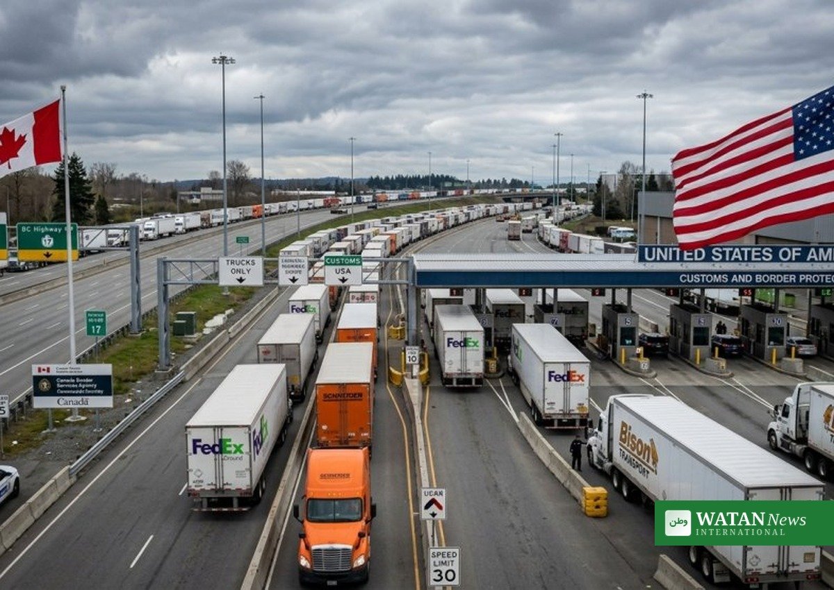 Trucks queue at a United States-Canada border crossing as the Canada tariffs lawsuit challenges 50% duties on Canadian goods