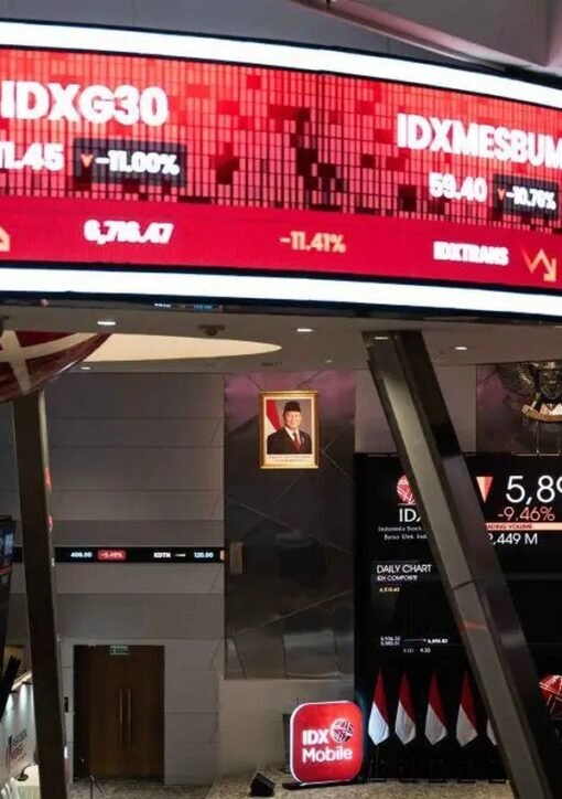 Indonesia stocks rebound: Jakarta Composite Index ticker boards flash red at the Indonesia Stock Exchange