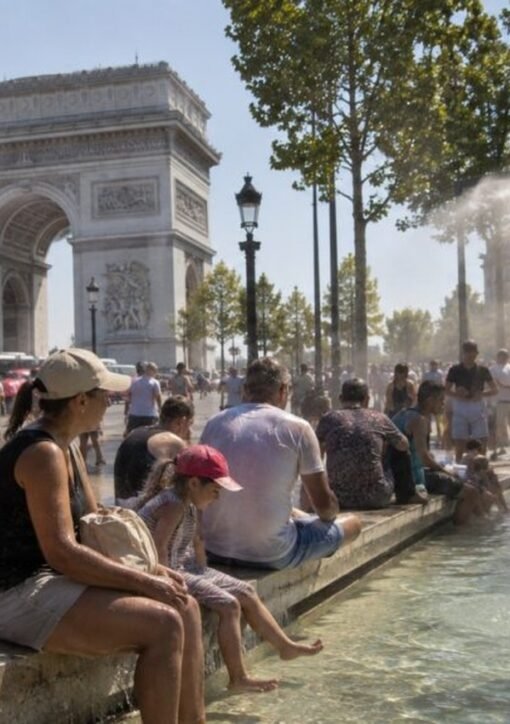 Europe heat deaths: people cooling off at a Paris fountain during the summer heatwave