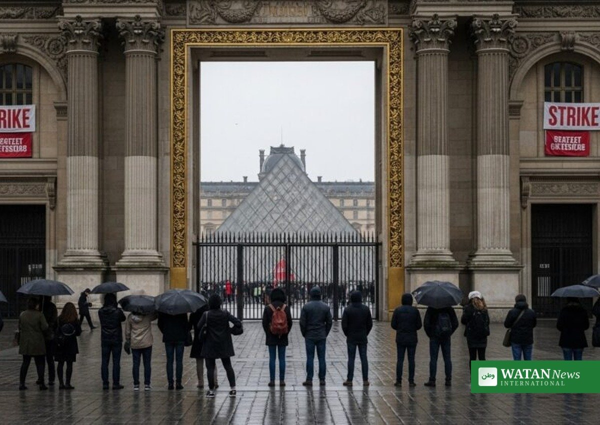 Crowd outside the closed Louvre Richelieu entrance during a 2026 museum protest