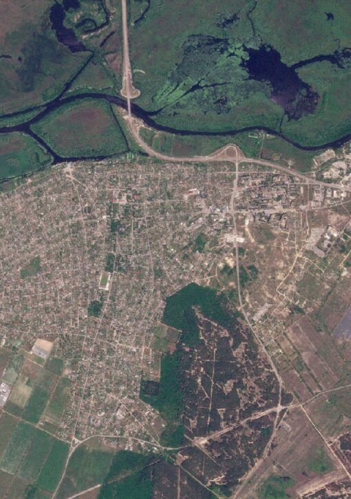 Oleshky ceasefire: satellite view of Oleshky and the surrounding Dnipro waterways