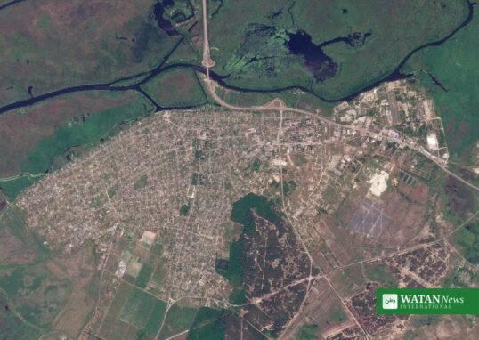 Oleshky ceasefire: satellite view of Oleshky and the surrounding Dnipro waterways