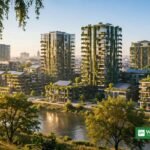 Sustainable green city skyline with solar panels and vertical gardens — the built environment honoured at the BREEAM Awards 2026