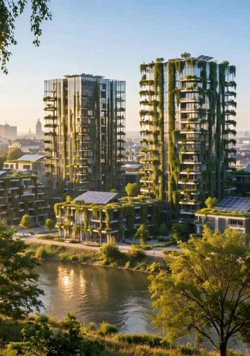 Sustainable green city skyline with solar panels and vertical gardens — the built environment honoured at the BREEAM Awards 2026
