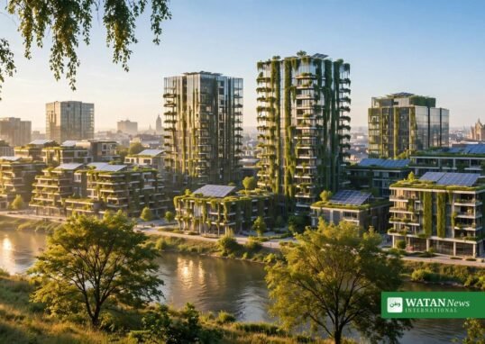 Sustainable green city skyline with solar panels and vertical gardens — the built environment honoured at the BREEAM Awards 2026
