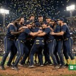 Milwaukee Brewers players celebrating their first World Series title on the field at night