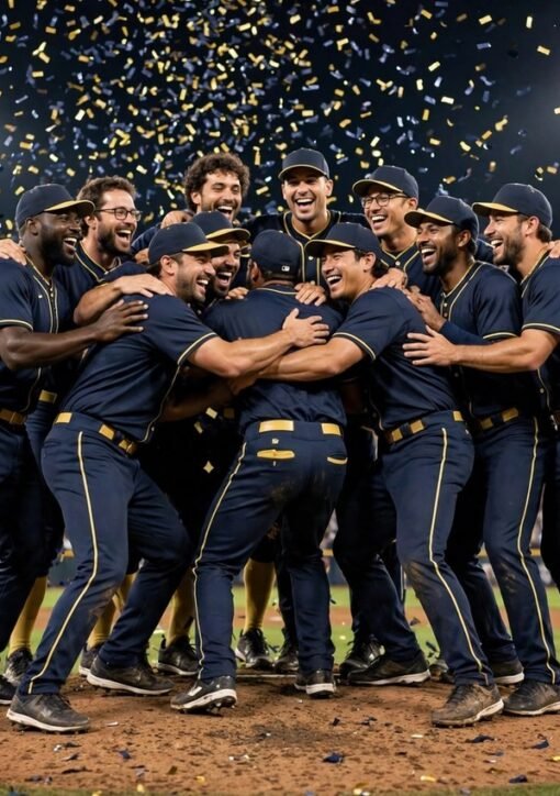 Milwaukee Brewers players celebrating their first World Series title on the field at night