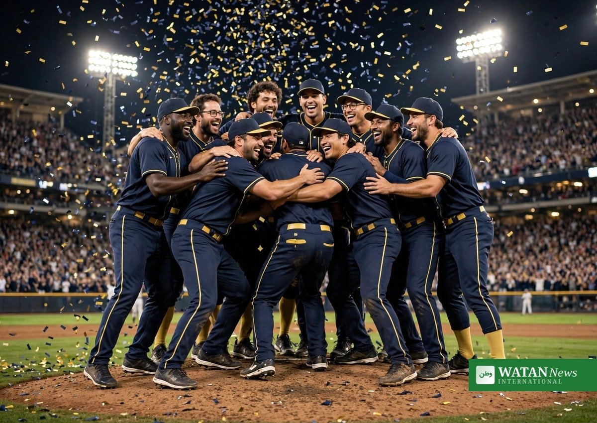 Milwaukee Brewers players celebrating their first World Series title on the field at night