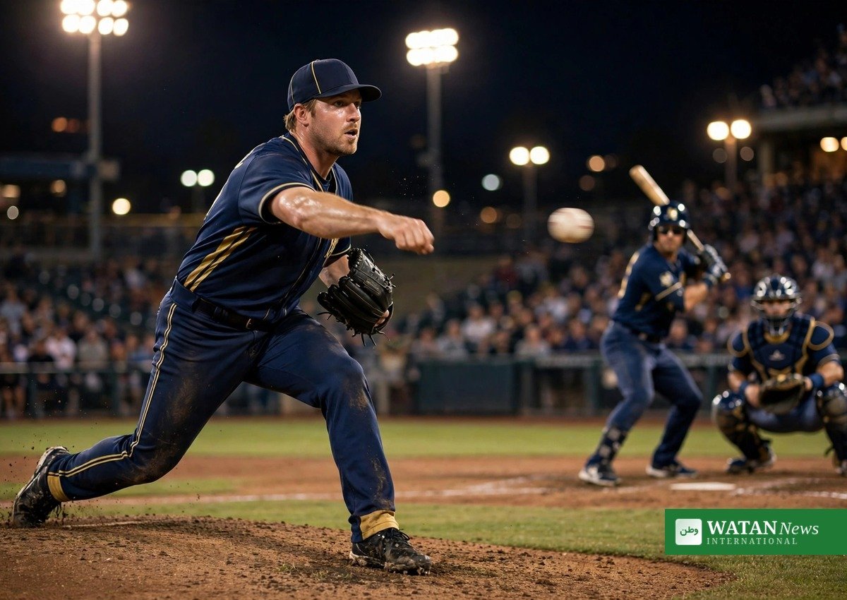 Baseball pitcher delivering a fastball from the mound during a night game