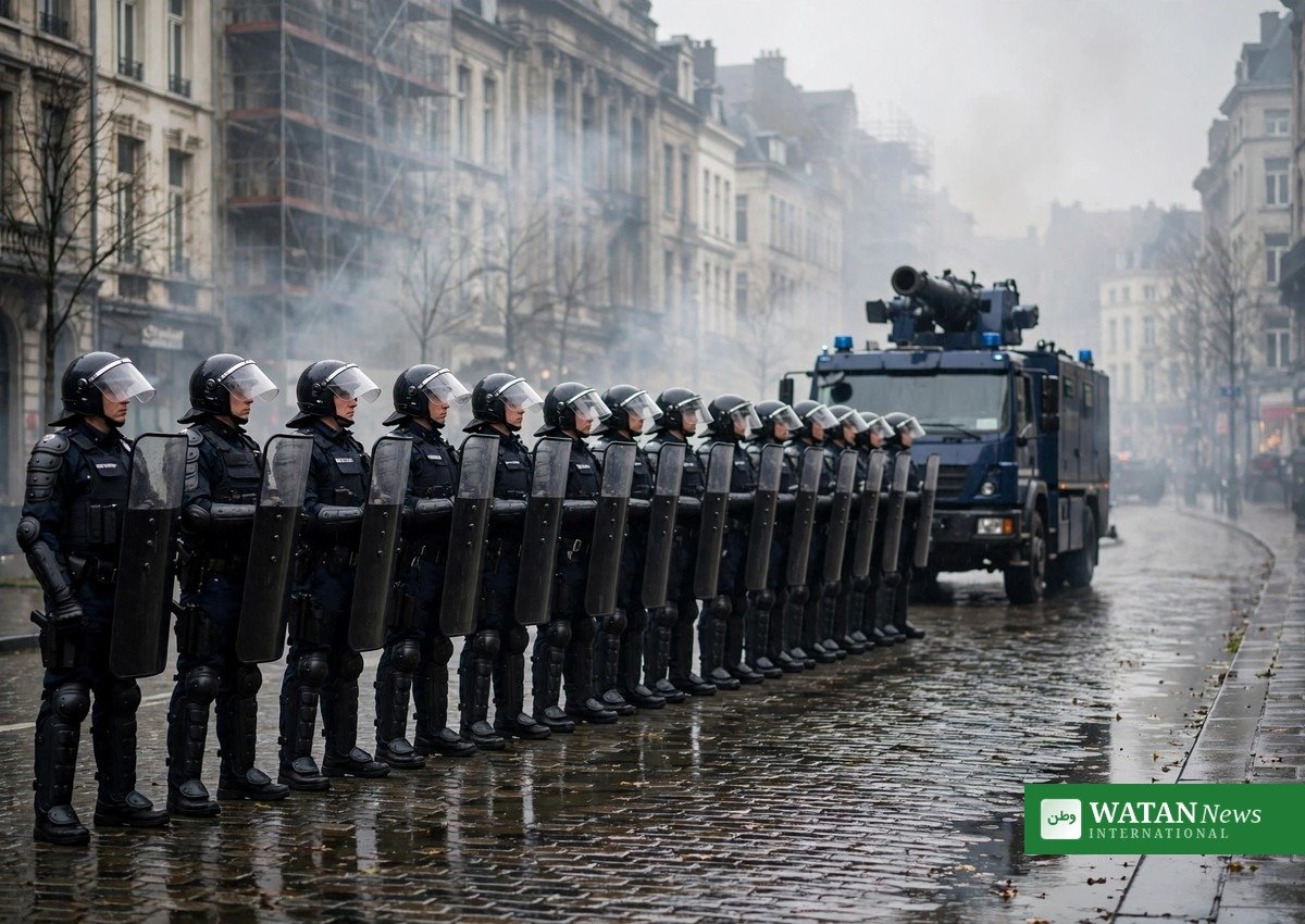 Brussels protest clashes — police water cannon near Central Station
