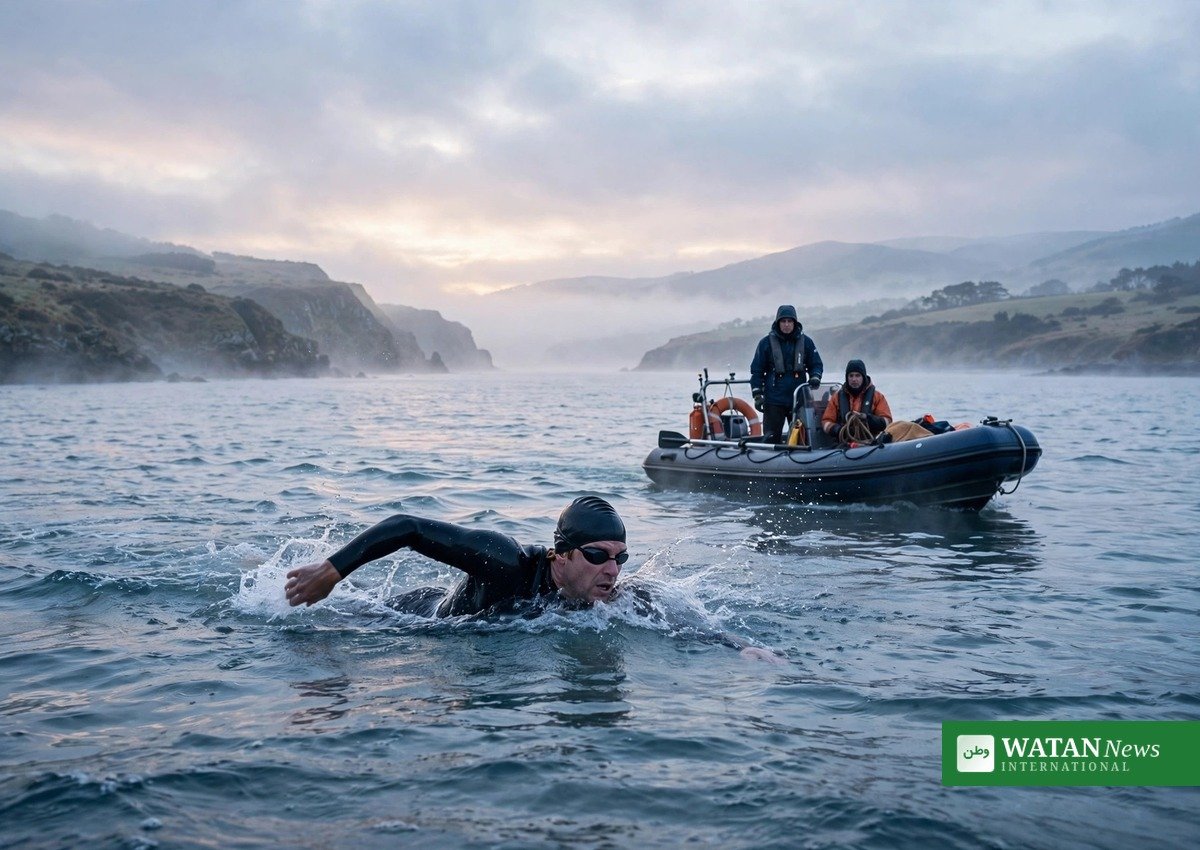 Karl Bushby swimming the English Channel, the final leg of his 28-year walk around the world