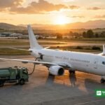 Passagerfly tankes med bæredygtigt brændstof fra grøn tankbil ved solnedgang — virksomheders efterspørgsel efter SAF-certifikater kan finansiere grønnere flyrejser i 2030