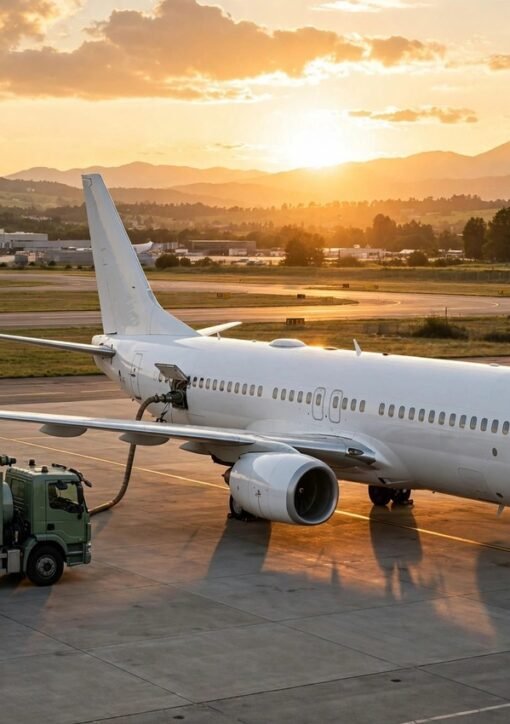 Passagerfly tankes med bæredygtigt brændstof fra grøn tankbil ved solnedgang — virksomheders efterspørgsel efter SAF-certifikater kan finansiere grønnere flyrejser i 2030
