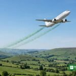 Airliner climbing over green hills trailing green contrails — corporate SAF certificate demand could fund greener air travel by 2030