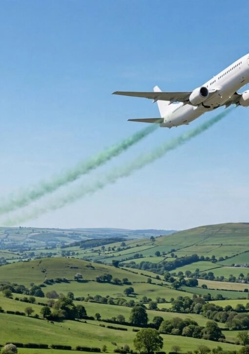 Airliner climbing over green hills trailing green contrails — corporate SAF certificate demand could fund greener air travel by 2030