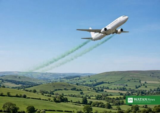 Airliner climbing over green hills trailing green contrails — corporate SAF certificate demand could fund greener air travel by 2030