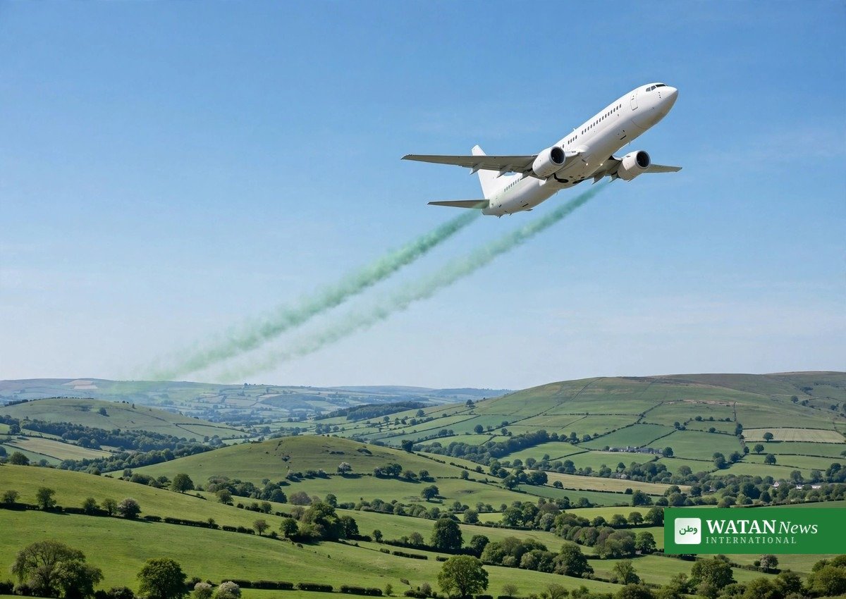 Airliner climbing over green hills trailing green contrails — corporate SAF certificate demand could fund greener air travel by 2030