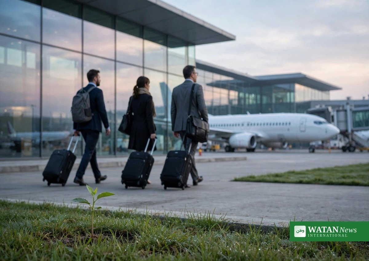 Business travellers walking toward an aircraft — corporate SAF demand 2030 could fund greener air travel