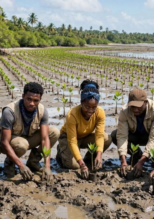 Sierra Leone youth climate statement: young volunteers plant mangrove seedlings on the Freetown coastline
