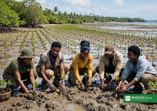 Sierra Leone youth climate statement: young volunteers plant mangrove seedlings on the Freetown coastline