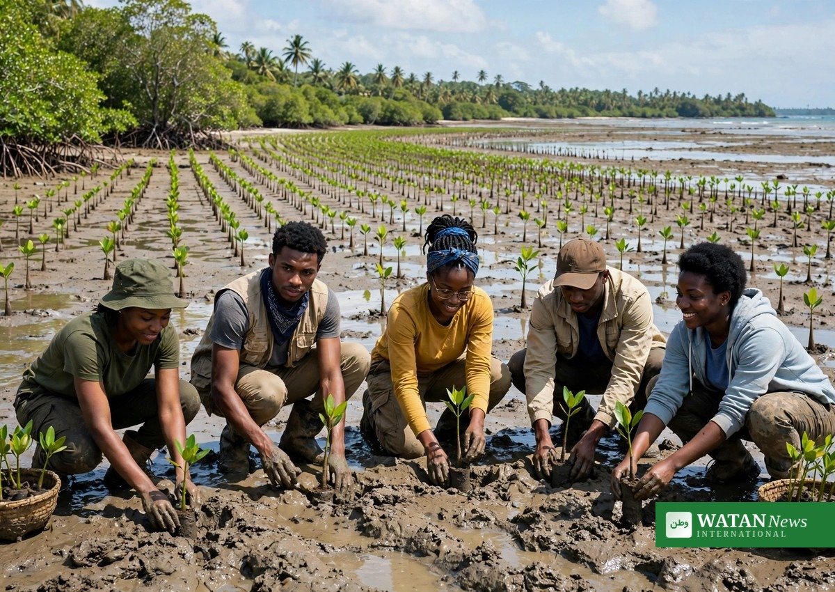 Sierra Leone youth climate statement: young volunteers plant mangrove seedlings on the Freetown coastline