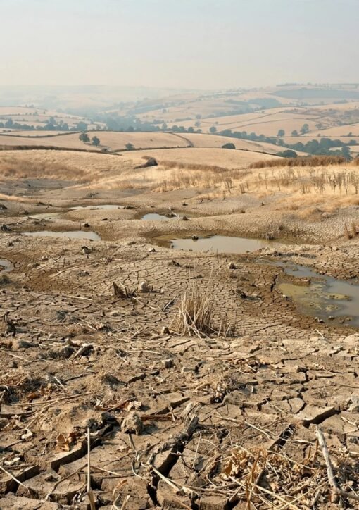 Udtørret reservoir med revnet jord under hedebølge — klimabevidsthed i Storbritannien
